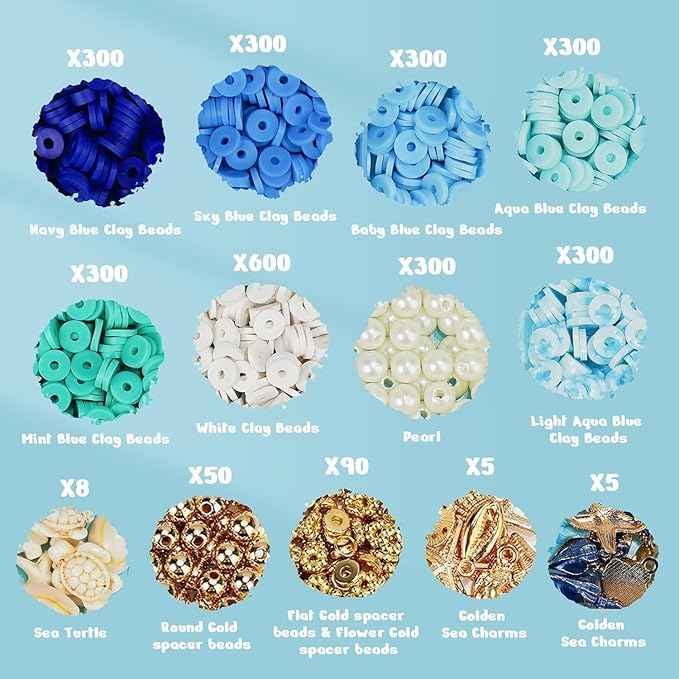 Gionlion Clay Beads for Bracelets, Blue Winter Clay Beads Bracelet Making kit with Golden Pearl Beads for Jewelry Making, Charms Bracelet Kit and Crafts DIY Valentines Day Gifts for Her Women