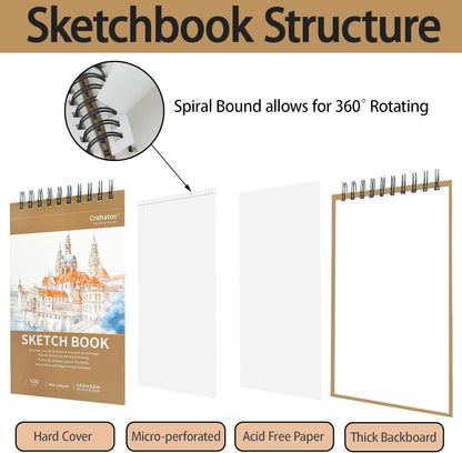 Crehatos 5.5" x 8.5" Small Sketch Book, Top Spiral Bound Sketch Pad, 100 Sheets Each 68lb/100gsm Drawing Paper, 2 Pack - Crafty Corner