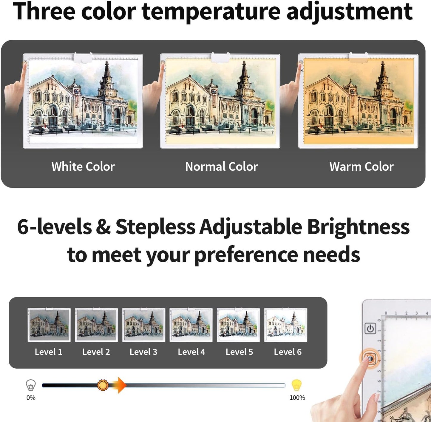 Rechargeable A3 Diamond Art Light Board with Padded Case,Light Pad with Stand,3 Colors Stepless Dimmable and 6 Levels of Brightness Light Box for tracing,Diamond Painting,Drawing,Sketching(White)