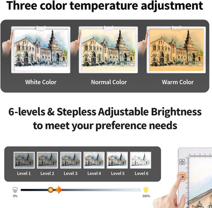 Rechargeable A3 Diamond Art Light Board with Padded Case,Light Pad with Stand,3 Colors Stepless Dimmable and 6 Levels of Brightness Light Box for tracing,Diamond Painting,Drawing,Sketching(White)