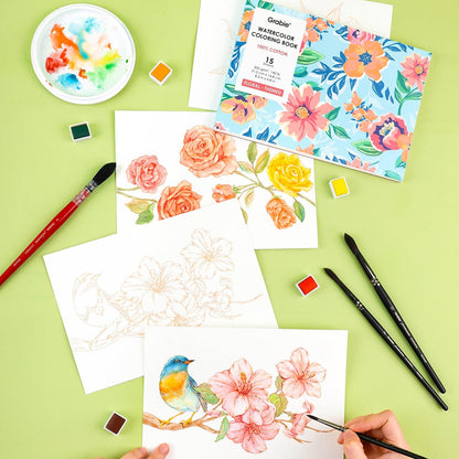 Grabie Watercolor Coloring Book, 15 Sheets Art Pad A5 (8.3 x 5.8), Cotton Watercolor Book for Adults(Floral) - Crafty Corner
