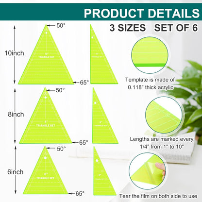 Kigley 3 Set Tall Triangle Rulers for Quilting 6 8 10 Inch Wedge Triangle & Wing Quilting Rulers and Templates Acrylic Quilt Templates for Sewing Layer Cake Patchwork Cutting Pattern DIY Craft (Green)
