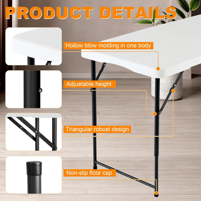 4ft Folding Table, Portable Fold-in-Half Adjustable Height Utility Table for Indoor/Outdoor Use, Durable HDPE & Steel, Stable & Lightweight, Multi-Purpose, White