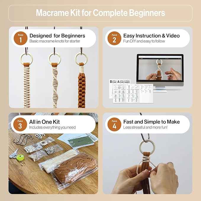 Macrame Kits for Beginners, 3 Set of Plant Hangers DIY Kit: Braided Polyester Ropes 50yds*5mm Burnt Orange, 20yds*2mm Ivory, 60+Pcs Supplies with Step-by-Step Easy Instructions (ORIV)