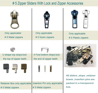 Zipper Repair Kit 39 Pcs, #5 Sliders with Pull, Metal Zippers Retainer Box,Insertion Pin 6 Sets, Replacement Zip Bottom/Top Stop, Metal, Plastic, Nylon Coil Zippers Head FIx on Jaceket