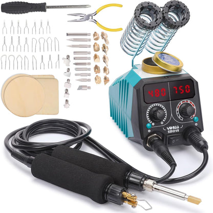 YIHUA 939D-VII Pyrography Tool Wood Burning Pen Kit Station 2-in-1 Solid-Point 200~480°C (with Temp Display)/Wire-Nib 250~750°C with 23 Nibs, 25 Solid Points, 4 Woodpieces - Crafty Corner