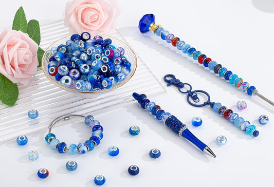 LAIDANLA Blue Mix Large Hole Beads,100pcs 15mm European Large Hole Beads Bulk for Bracelet Pens Jewelry Making Spacer Charms Craft Beads Decoration