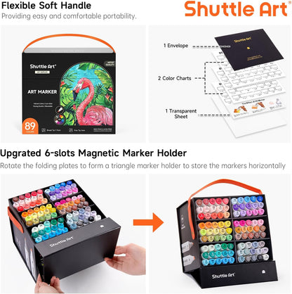 Shuttle Art 89 Colors Alcohol Markers, 88 Colors Dual Tip Art Marker Set Plus 1 Colorless Blender with Marker Case Perfect for Illustration Students Adult Coloring Sketching