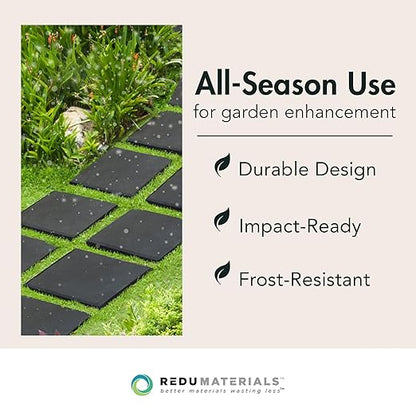 TierraVerde 10-Pack 12”x12” Fake Stomp Rubber Stepping Stones, Square, Black – Reversible Non-Slip Outdoor Faux Decorative Set for Landscaping – DIY Decor for Walkways & Yard Pathways