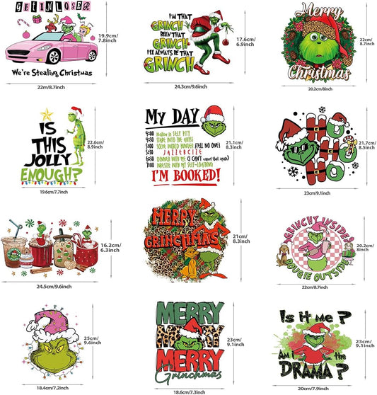 Christmas Iron on Decals Transfer, Funny Christmas Heat Transfer Stickers Iron on Patches for Clothes T-Shirts Pillow Cover Hoody Bag Xmas DIY Craft Supplies Vinyl Stickers (12PC-A)
