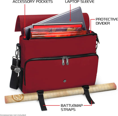 ENHANCE Collector's Edition RPG Player's Essentials DnD Bag - Dragon Hide Exterior Messenger Bag Fits 2-4 Books, Binders, Dice & Accessories, with 17 inch Laptop Slot, Battlemap Straps (Dragon Red)
