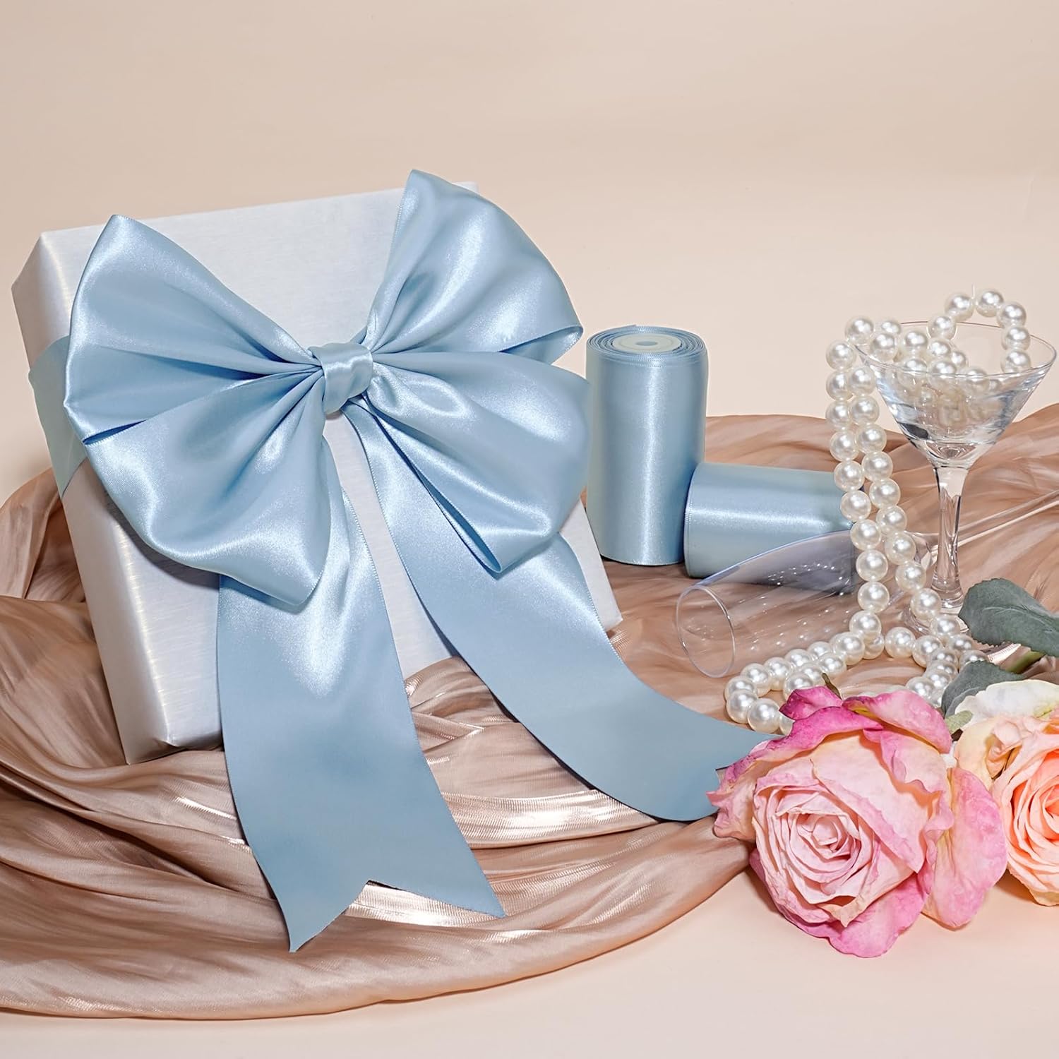LaRibbons Light Blue Satin Ribbon 4 Inch 10 Yards Double Faced Luxury Baby Blue Silk Ribbon for Gift Wrapping Flower Bouquets Bow Christmas Wedding Party Decoration - Crafty Corner