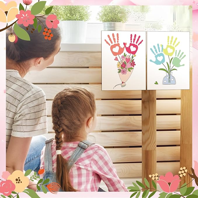 Motipuns 6 Sets Mother's Day Crafts DIY Kit Flower Bouquet Handprint Art Craft Gifts for Mom from Daughter or Son 8 x 10 Inch Handprint Flowers Bouquet Kit for Mother Grandma Birthday Supplies