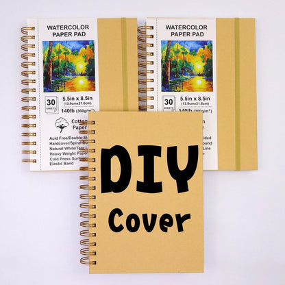 Watercolor Paper Pads, 5.5x8.5, 3Pack, Kraft Hardcover Sketch Books, 140lb/300gsm Heavyweight Cotton Paper, Spiral Bound, Cold Pressed, Dual-Sided(Smooth&Texture), Painting Paper for Artists Students