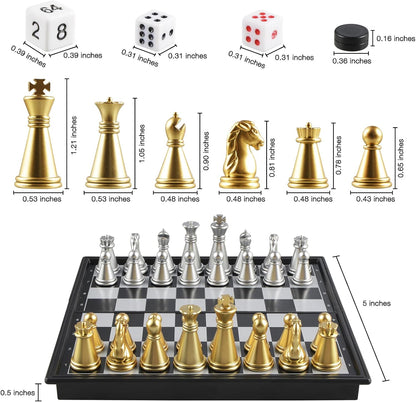 5'' Mini 3 in 1 Chess Checkers Backgammon Set Magnetic Folding Travel Chess Board with Instructions 2 Players for Kids and Adults