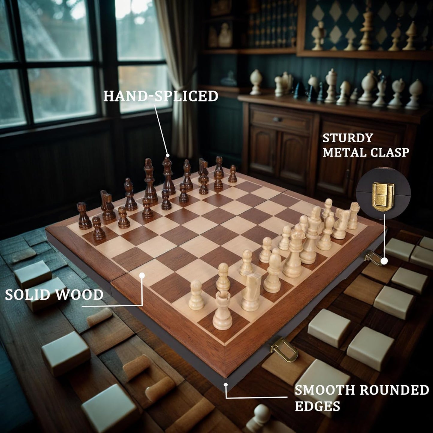 Magnetic Wooden Chess Set 15" Unique Chess Board Game with Chess Pieces Storage Slots, Tournament Portable Folding Travel Chess Sets for Kids Adults Beginner and Pros, 2 Extra Queens