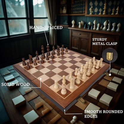 Magnetic Wooden Chess Set 15" Unique Chess Board Game with Chess Pieces Storage Slots, Tournament Portable Folding Travel Chess Sets for Kids Adults Beginner and Pros, 2 Extra Queens