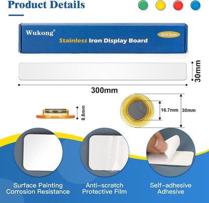Wukong 8 Pack | 30x3cm(11.81 x 1.18) Magnetic Stainless White Boards Strips, Adhesive Backing Bulletin Bar Board, Memo Board with 32Pcs Colorful Magnets for Office, Home, Photo Wall, Documents