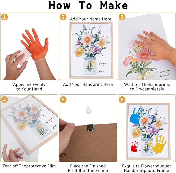 Flower Bouquet Handprint Art Craft DIY Kit, Unique Gifts for Mom & Grandma From Daughter or Son for Mother's Day Birthday, Anniversary Day, 6 Colors Non-toxic Inkpads(12" X 16", With Wood Frame)