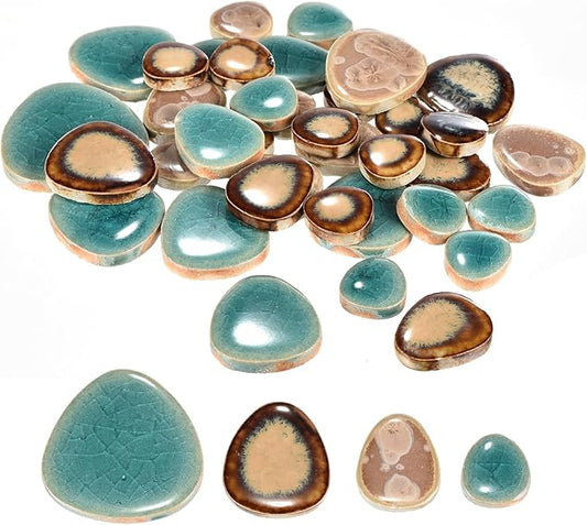 MECCANIXITY 200g Ceramic Mosaic Tiles for Crafts Bulk, Pebble Green and Coffee Ceramic Tiles for Mosaic Kits Garden Stepping Stone Cup Mat