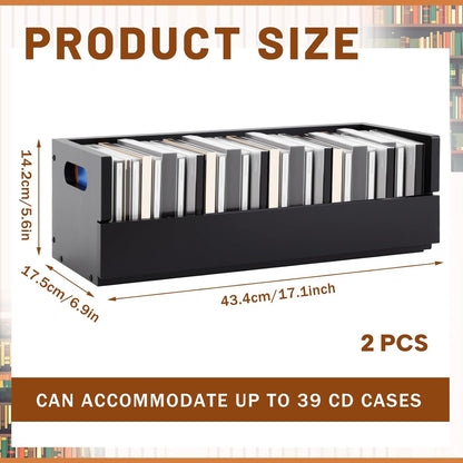 2 Set Wooden CD Storage Box Holder Shelf Cassette Tape Display Racks with Carrying Handles, Organizer Shelf for Movie Cases, DVDs, Each Set Can Store up to 36 Pcs CDs (Black)