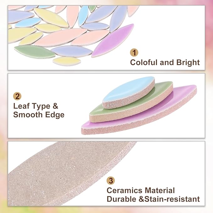 uxcell Ceramic Mosaic Tile, About 200g Teardrop Leaf Tile Mosaic Block for Handicrafts Artwork, Blue/Yellow/Purple/Green/Pink