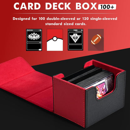 ZLCA Card Deck Box for Trading Cards, MTG Commander Deck Box Holds 120+ Single Sleeved, Leather Magnetic Card Storage Case Fits for TCG CCG Magic (Red& Black)