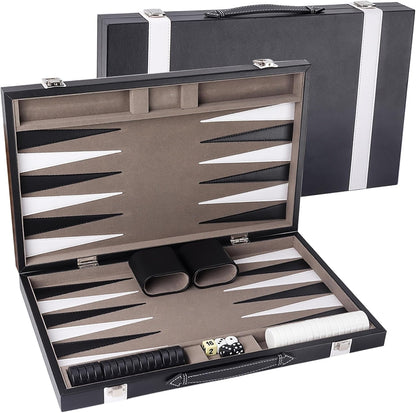 GSE Games & Sports Expert Premium Leather Backgammon Board Game Set, Classic Backgammon Game Set with Leather Case, Travel Folding Board Game (Black&Grey, Medium)