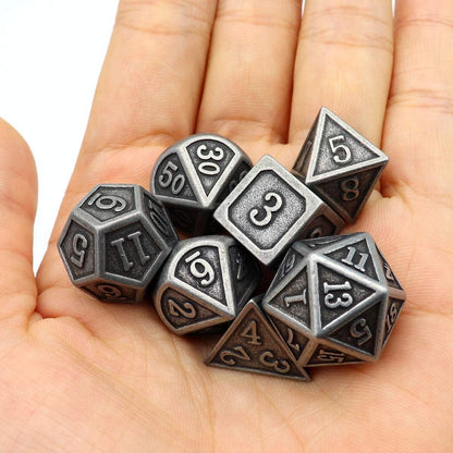 Haxtec Antique Iron Metal DND Dice Set Silver D&D Polyhedral Dice W/PU Leather Dice Bag Compatible with Dungeons and Dragons Gift TTRPG