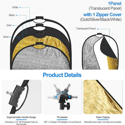 WELLMAKING 24'' x 36'' (60 x 90cm) Photography Reflector 5-in-1 Collapsible Light Reflector with Bag & tilt Adapter, Portable Light Reflector Photography Panel for Studio Video & Outdoor Lighting