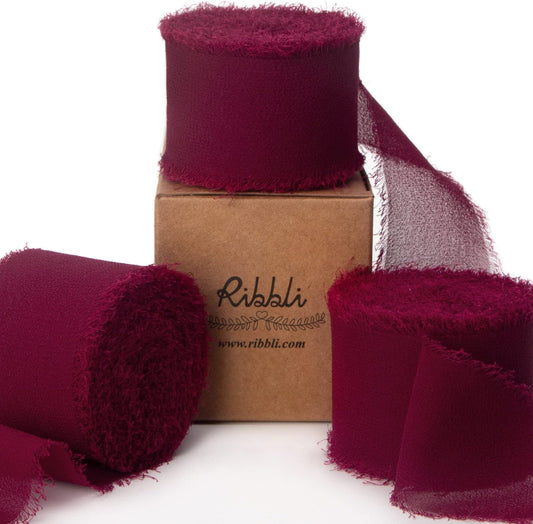 Ribbli Burgundy Chiffon Silk Ribbon, 1.5 inch x 30 Yard, Handmade, Fringe, Wedding Invitations, Gift Wrapping, Bridal Bouquets, Flower Arrangement - Crafty Corner