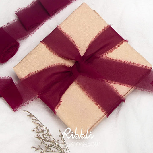 Ribbli Burgundy Chiffon Ribbon 1-1/2 inch x 20 Yard Handmade Fringe Chiffon Silk Ribbon,Black Ribbon for Wedding Invitations, Bridal Bouquets Wrapping, Flower Arrangement Decoration