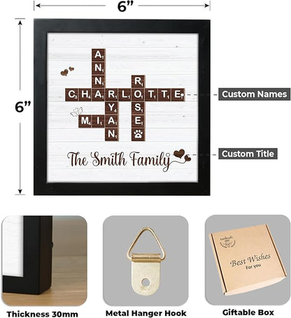 Personalized Family Name Crossword Scrabble Wooden Framed Wall Art Decor Living Room Customized Letters Puzzle for Gift for Lovers, Valentine's Day, Christmas, Birthday, Anniversary