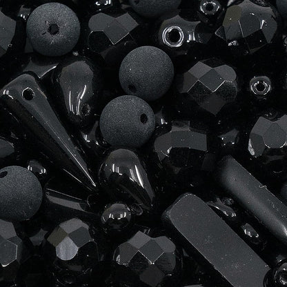 2.1oz (60g) of Glass Bead Mix with Drops, Table-Cut and fire Polish Czech Beads, Glossy & Matte Black