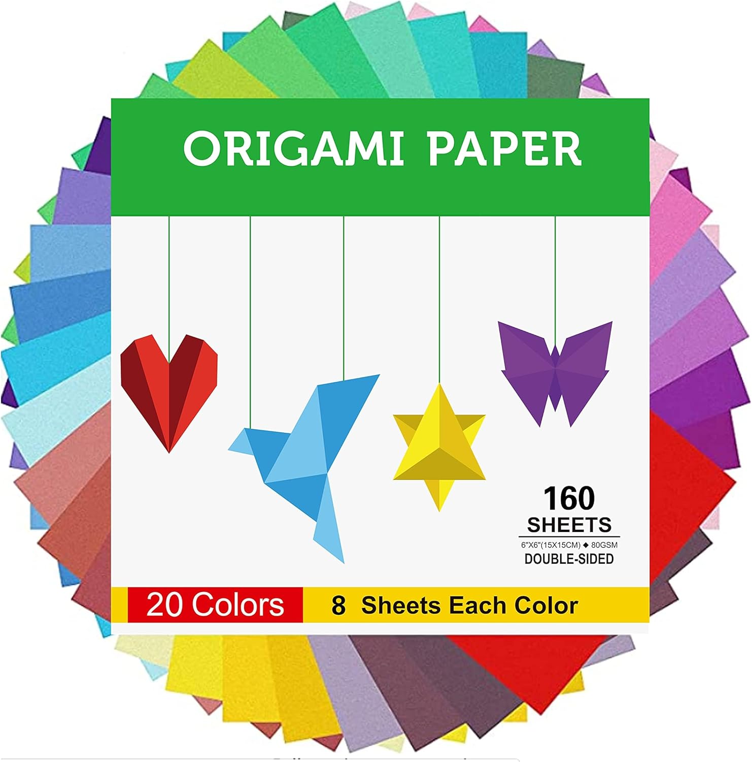 160 Sheets Origami Paper Double Sided for Arts & Crafts 20 Vivid Colors - 6 x 6 Inch Square Easy Fold Paper for Beginner - Crafty Corner