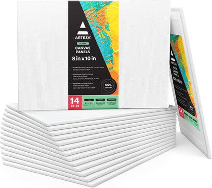 ARTEZA Canvas Boards for Painting, 8 x 10 Inches, Pack of 14, Blank White Canvas Panels for Acrylic, Oil, Gouache, and Tempera Painting Projects