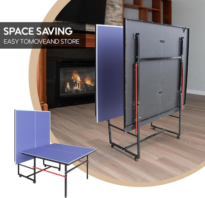 Professional Foldable Ping Pong Table for Indoor & Outdoor - 8FT Mid-Size Table Tennis Table with Net, 2 Table Tennis Paddles and 3 Balls - Quick & Easy Assembly