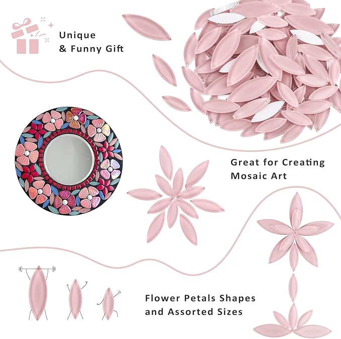 Youway Style Pink Leaf Mosaic Tiles for Crafts Bulk,200g Petal Mosaic Glass Pieces,Flower Glass Tiles for Christmas Mosaic Decorations,Garden Mosaic Supplies Kit