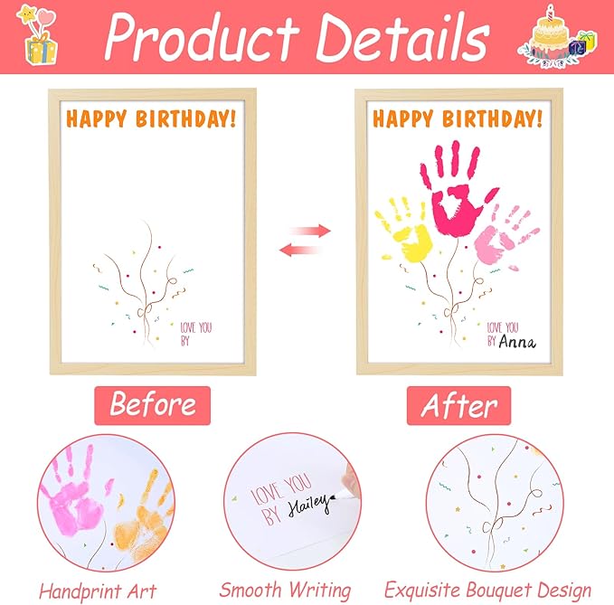 QOUBAI Birthday Handprint Balloon Art Craft DIY Kit Happy Birthday Gifts Children Adults Handprint Keepsake for Mom Father Friend Grandparent Birthdays Gift Christmas (12X16in, with Wood Frame)