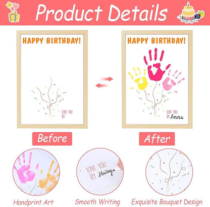 QOUBAI Birthday Handprint Balloon Art Craft DIY Kit Happy Birthday Gifts Children Adults Handprint Keepsake for Mom Father Friend Grandparent Birthdays Gift Christmas (12X16in, with Wood Frame)