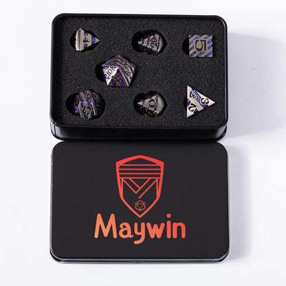 DND Metal Stripe Dice Set,7 PCS Polyhedral RPG Dice Set with Gift Case for Dungeons and Dragons (Antique Nickel Purple)