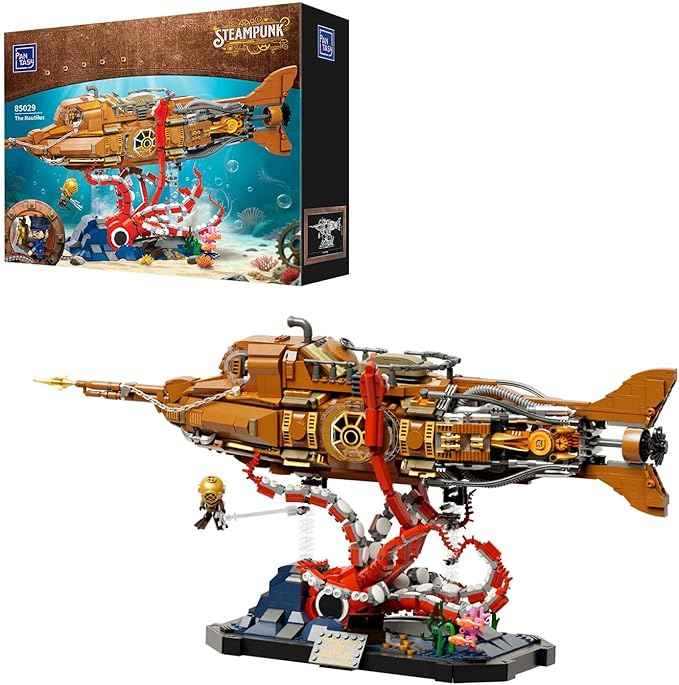 PANTASY Steampunk Nautilus Submarine Building Set, Modular 3-Section Design with Gear-Linked Propeller, Mini Boat & Undersea Adventure Scene, Retro Mechanical Collectible Model Kit for Adults