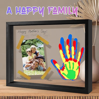 Family Handprint Keepsake Frame Kit with Photo Display – DIY 3D Floating Layered Design for Mom, Dad and Baby – Safe Non-Toxic Paint Set for Footprints – Perfect Baby Shower Gifts, New Parents Couples Keepsake, Home Decor 13.1x9.6 Inch (Black)