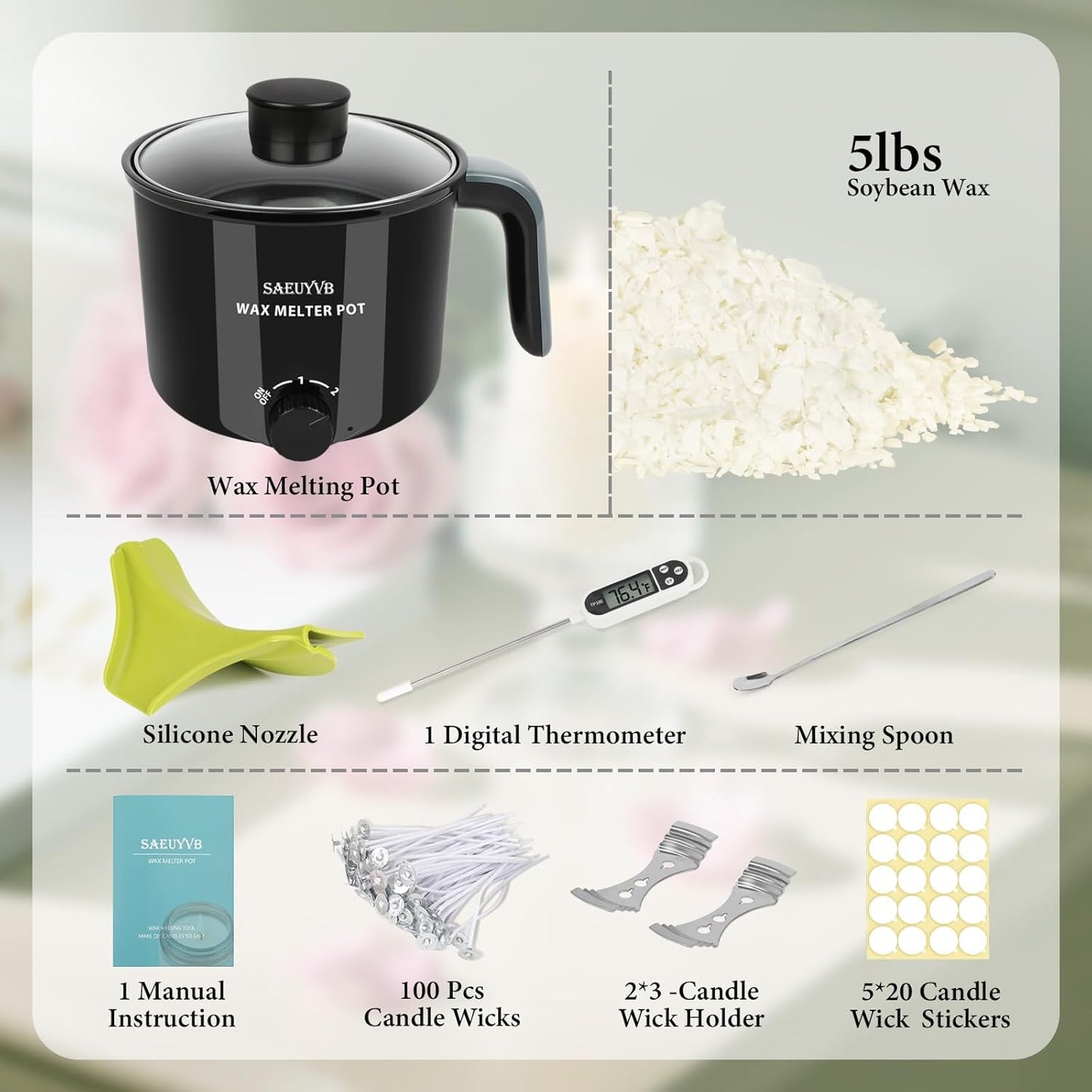 SAEUYVB Candle Making Kit,Soy Wax for Candle Making,DIYCandle Making Supplies,Including 5lbs Natural Soy Wax Flakes,Wax Melter,Thermometer,Wicks,Candle Kit for Adults,Beginnner - Crafty Corner