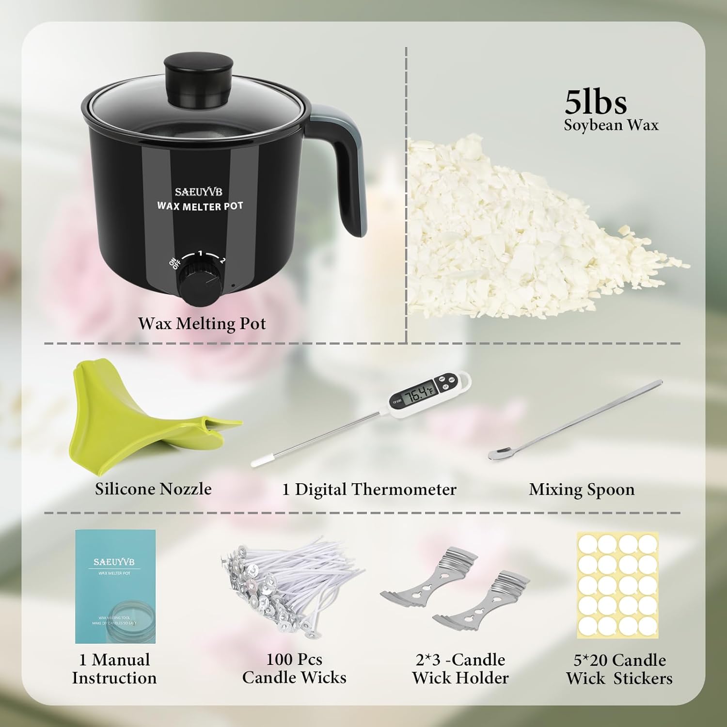 SAEUYVB Candle Making Kit,Soy Wax for Candle Making,DIYCandle Making Supplies,Including 5lbs Natural Soy Wax Flakes,Wax Melter,Thermometer,Wicks,Candle Kit for Adults,Beginnner - Crafty Corner