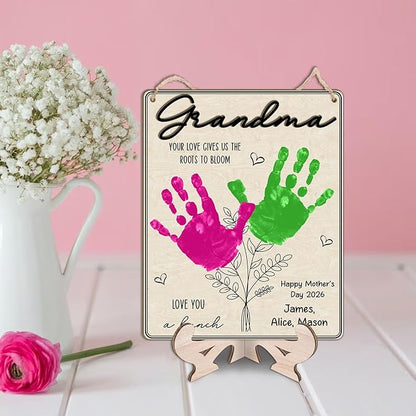 Grandma Handprint Floral Plaque, DIY Mothers Day Handprint Sign, Family Handprints Flower Sign, Birthday Mother's Day Gifts for Grandmother, Nana Memory Keepsake, Your Love Gives Us The Roots To Bloom