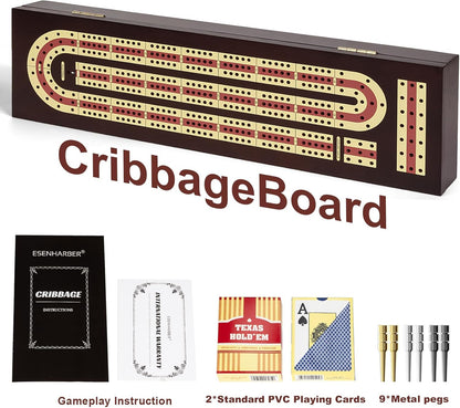 Cribbage Board Game Set, Premium Wooden Board with Magnetic Lock and Metal Pegs, 2 Playing Cards, and Large Storage - Travel-Friendly Continuous 3 Track Board