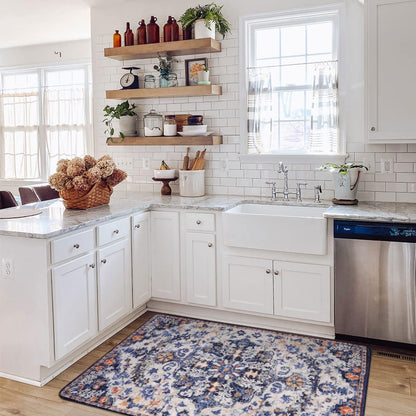 Lahome Bohemian Floral Medallion Area Rug - 3x5 Blue Soft Entryway Rug Washable Bedroom Mat, Cute Non Slip Indoor Office Carpet for Kitchen Mudroom Bathroom Coffee Table Hall Foyer