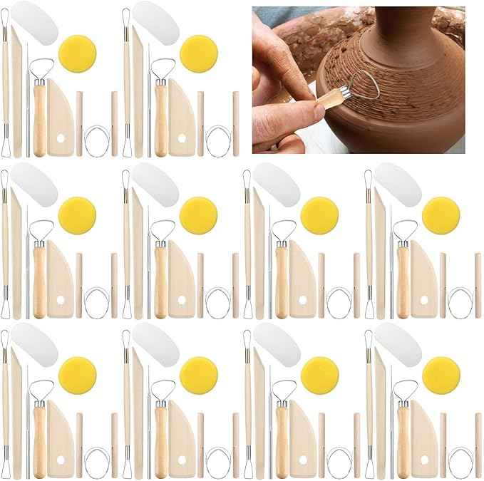 Leriton 40 Pcs Pottery Clay Tools Kit Sculpting Clay Tool Includes Cutting Modeling Trimming with Wooden Handles Carving Kit for Beginners Carving Shaping