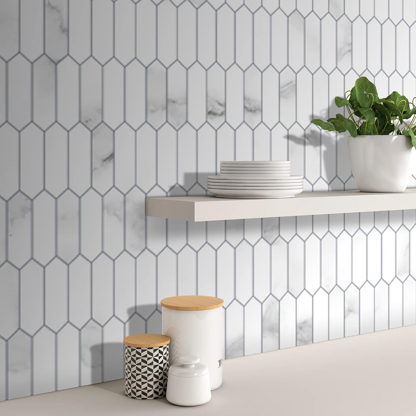 SUNWINGS Backsplash Tile for Kitchen Peel and Stick, Stone Composite Self Adhesive Tiles Faux Marble Pattern Long Hexagon Mosaic Wall Tile for Kitchen, 12 Inch x 11.22 Inch 10 Sheets White Marble